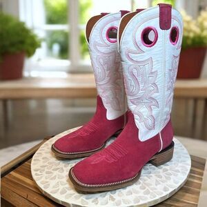 Buck & Brana Leather Cowgirl Boots Deep Pink Suede & White Shaft Women’s Size 7